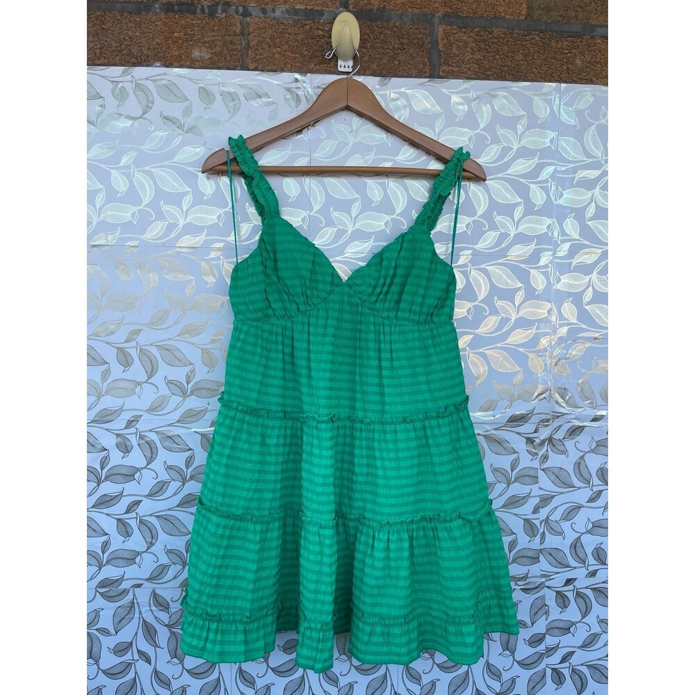 Meet Me In Santorini Green Tiered Mini Dress Smocked Straps Size S
